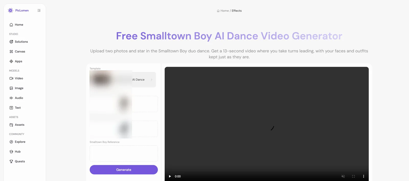PicLumen's Smalltown Boy AI dance video generator page, asking for two photos for a 13-second duo clip