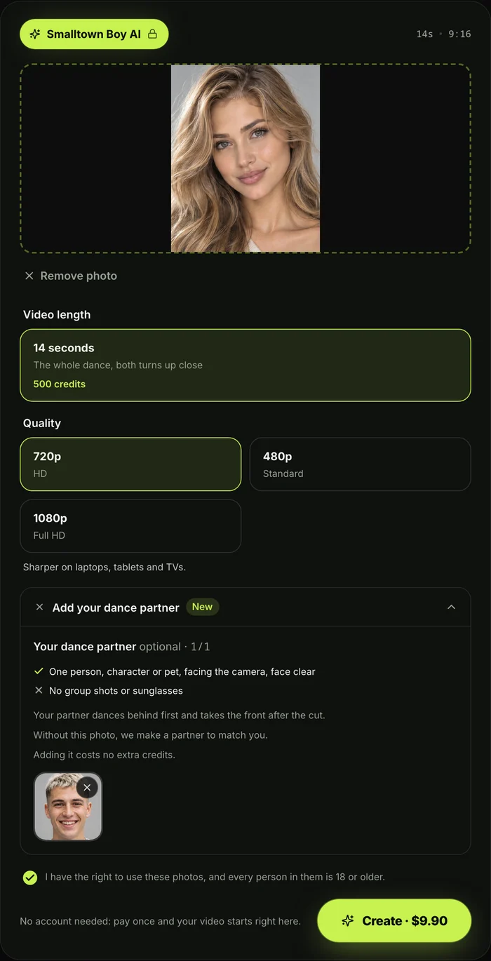 The Smalltown Boy AI generator on Seadanse: the first photo box, 480p, 720p and 1080p, the dance partner photo box and the Create · $9.90 button