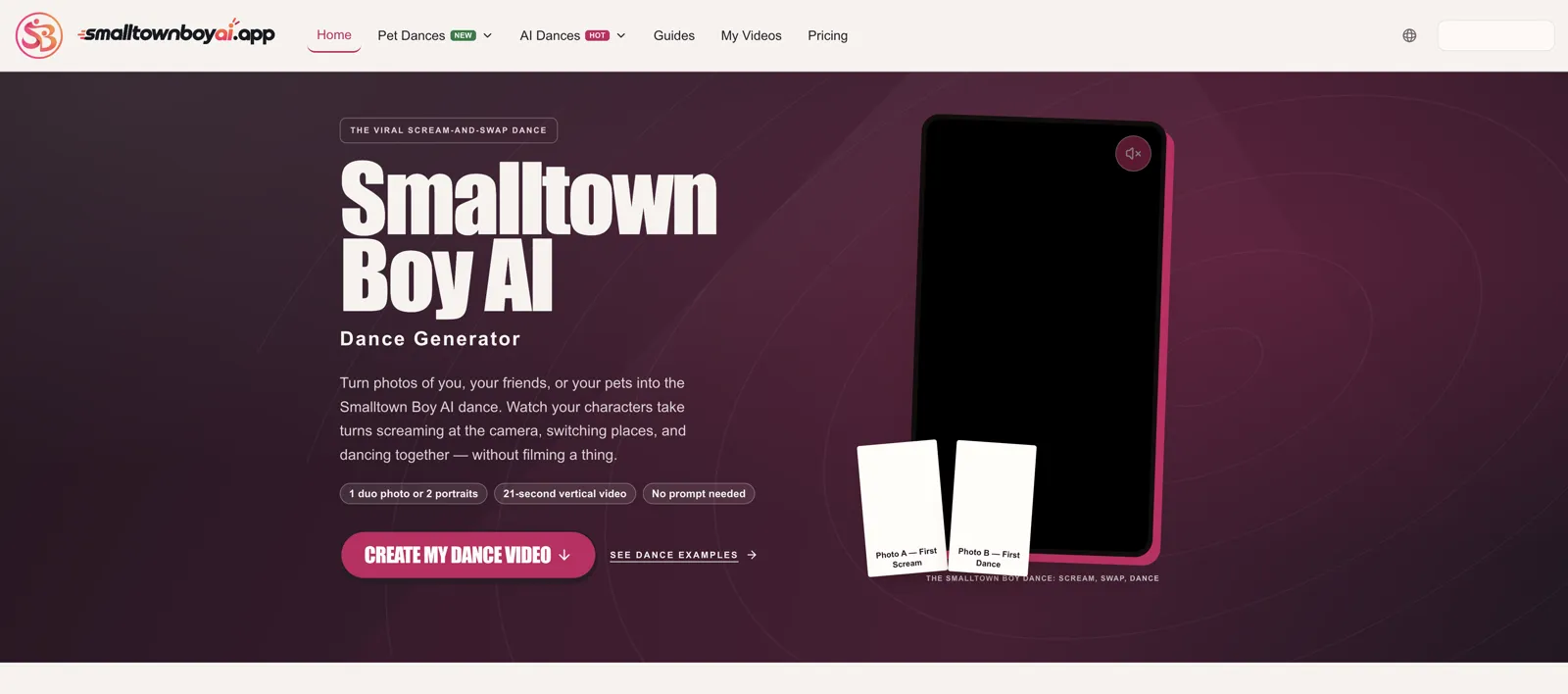 The smalltownboyai.app Smalltown Boy AI dance generator page, with Photo A for the first close-up and Photo B for the first dance, for a 21-second vertical video