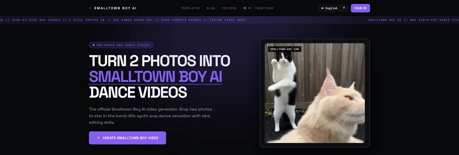 The smalltownboyai.com Smalltown Boy AI page with two photo decks and its credit button