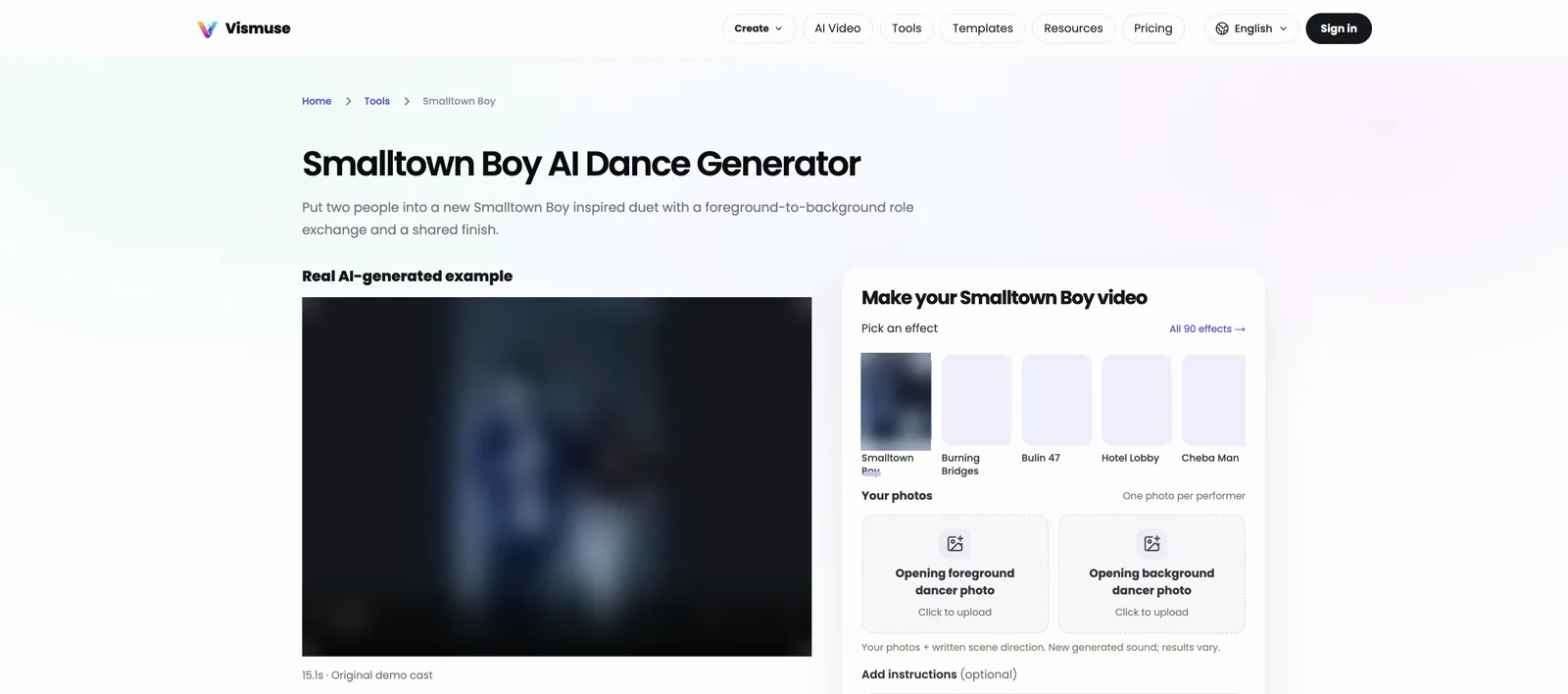 Vismuse's Smalltown Boy AI dance generator page, with one photo per performer and an optional written description