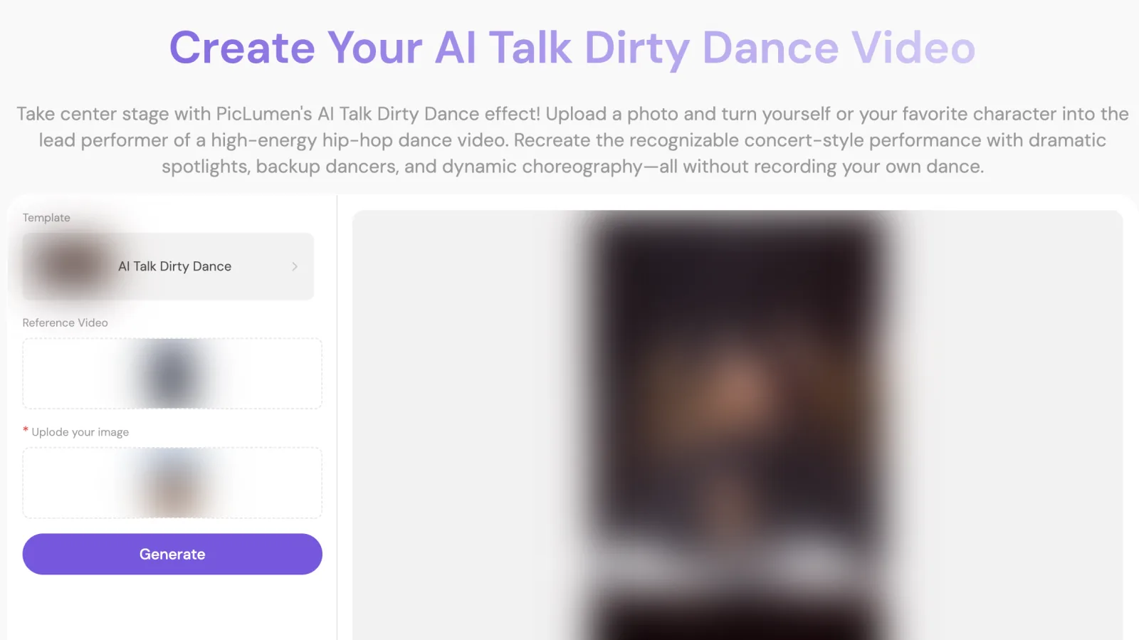 PicLumen's AI Talk Dirty Dance effect page: the template picker, a reference video slot, an image upload box and a Generate button, with its sample video blurred