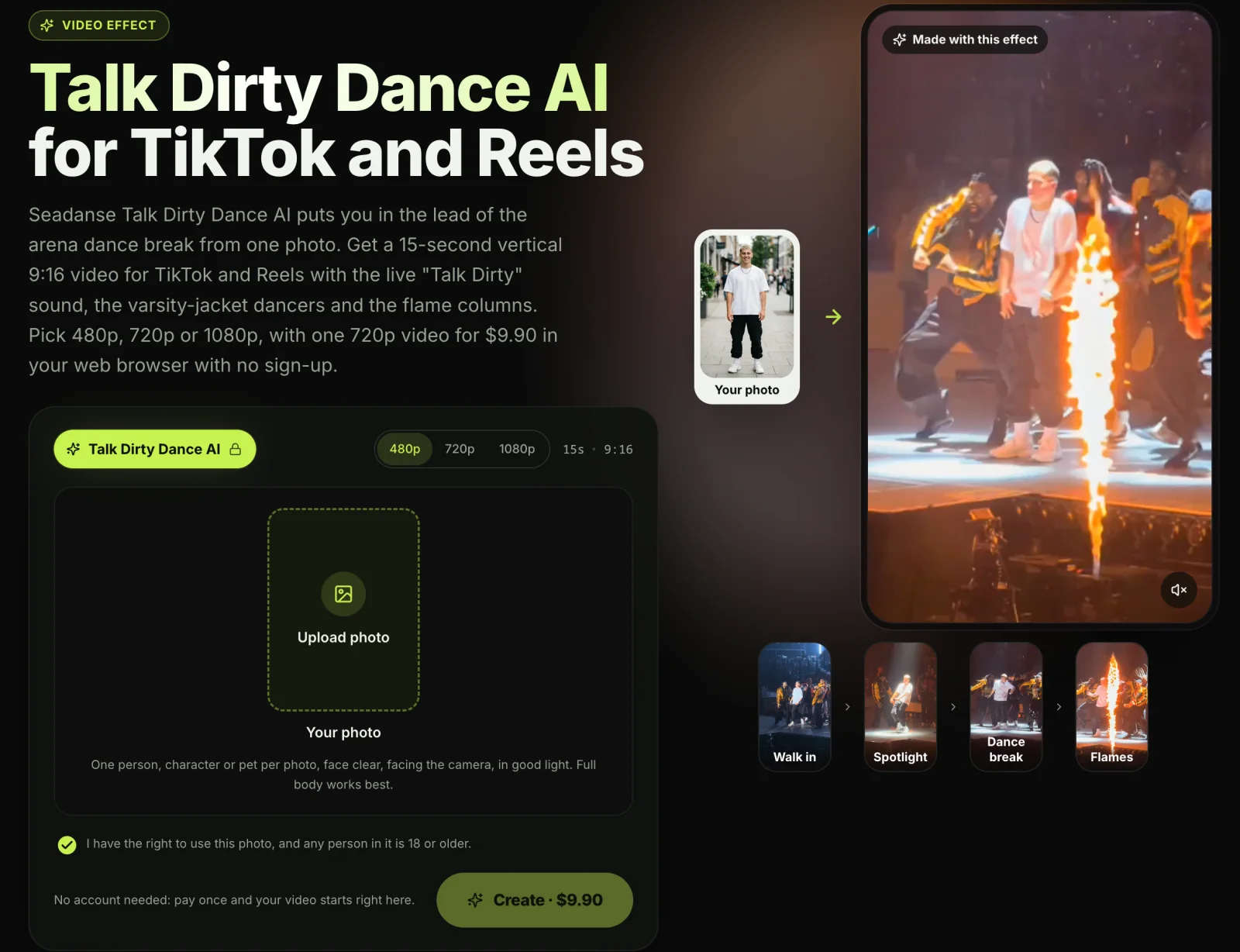 The Seadanse Talk Dirty Dance AI page: the title, the photo box with 480p, 720p and 1080p and 15s · 9:16, the consent box ticked, the Create · $9.90 button, and the sample video with its four frames