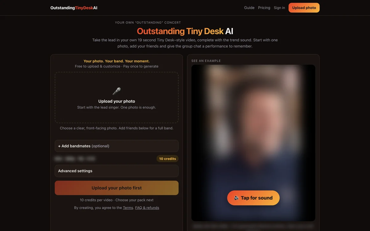 The outstandingtinydeskai.com Tiny Desk AI generator with its photo upload box and Add bandmates option, its sample blurred and version names hidden