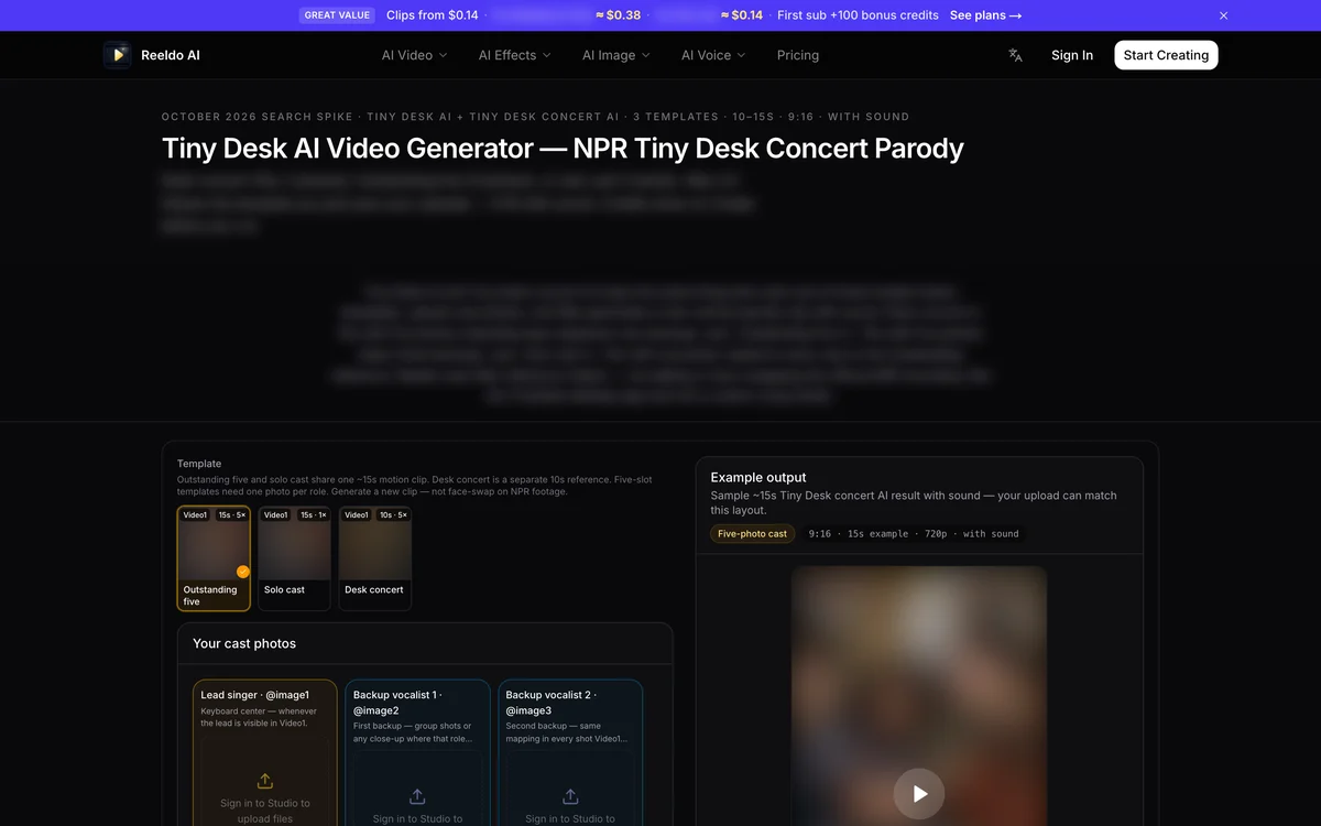 Reeldo's Tiny Desk AI page with its three templates and cast photo slots, its sample blurred and model names hidden