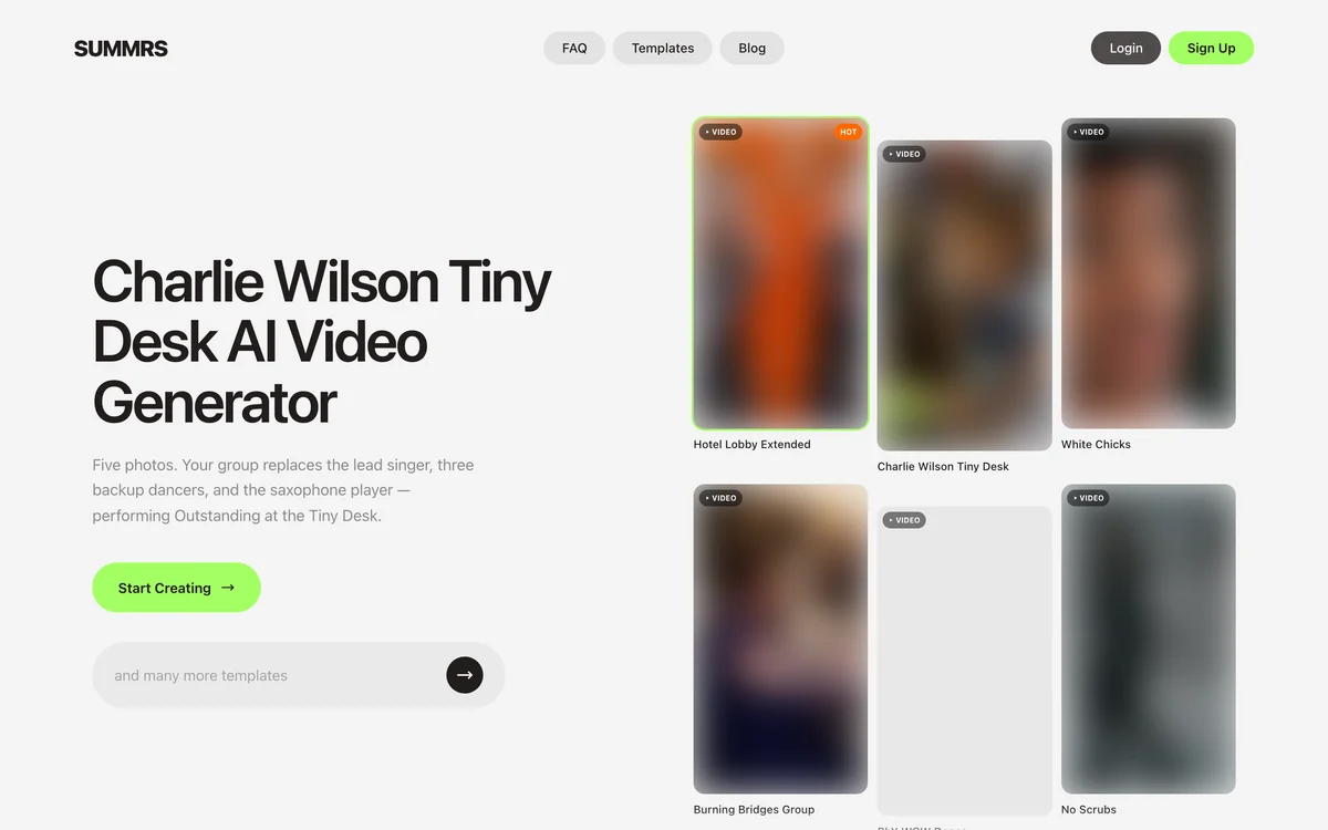 Summrs' Charlie Wilson Tiny Desk AI Video Generator template page, its sample videos blurred