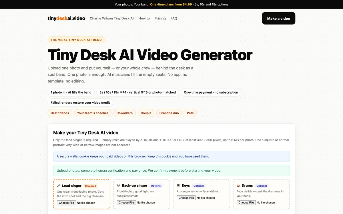 The tinydeskaivideo.com Tiny Desk AI video generator with its lead singer, backup singer, keys and drums photo boxes