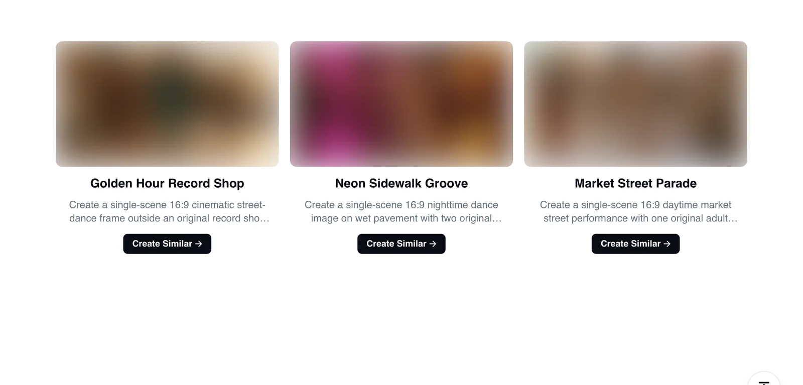 Dreamina's Uptown Funk AI video page with three copy-and-paste prompt cards and their Create Similar buttons, pictures blurred