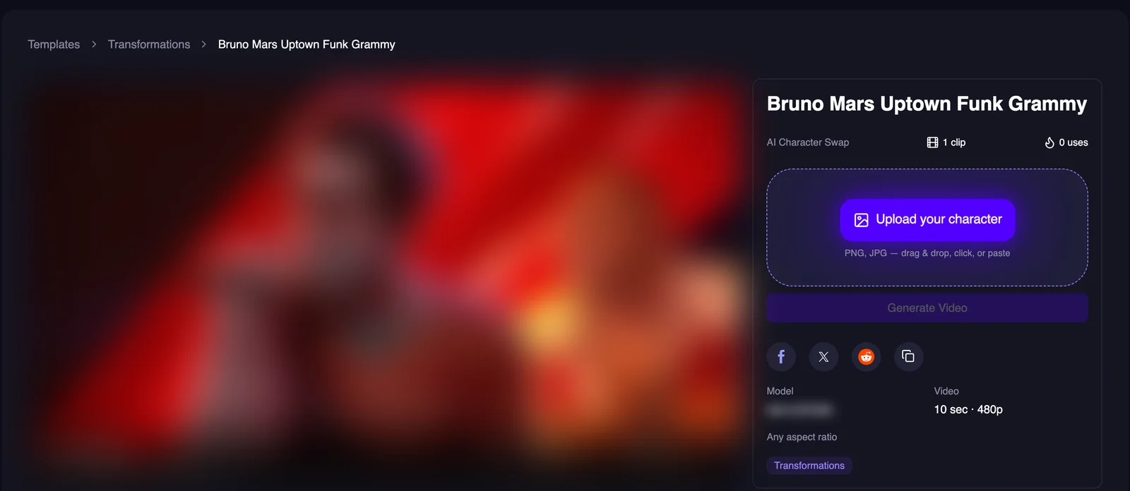 Magic Hour's Bruno Mars Uptown Funk Grammy template page for an Uptown Funk AI character swap, 10 sec at 480p, its sample blurred
