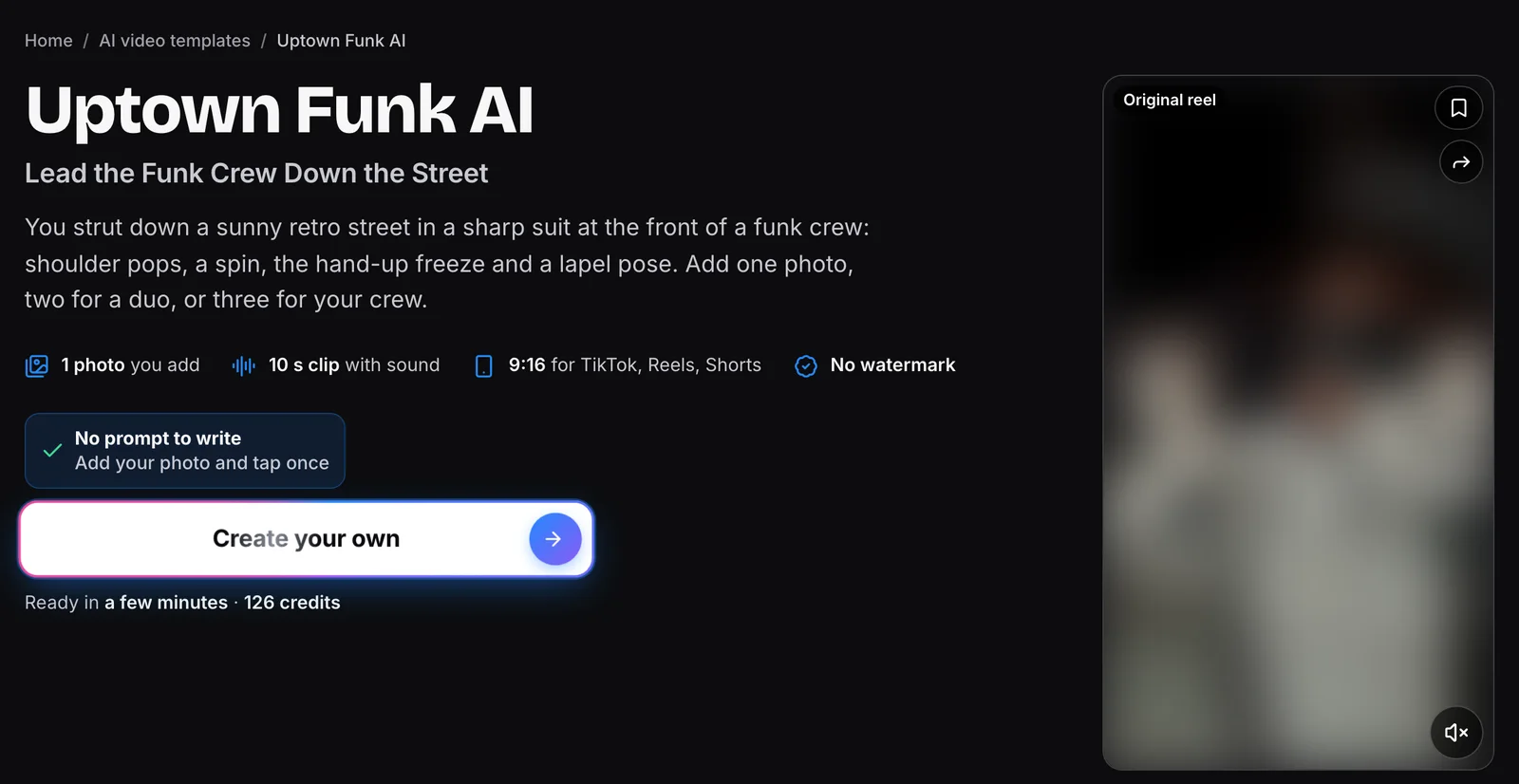 MakeViral's Uptown Funk AI template page with 1 photo, a 10 s clip, 9:16 and 126 credits, its sample blurred