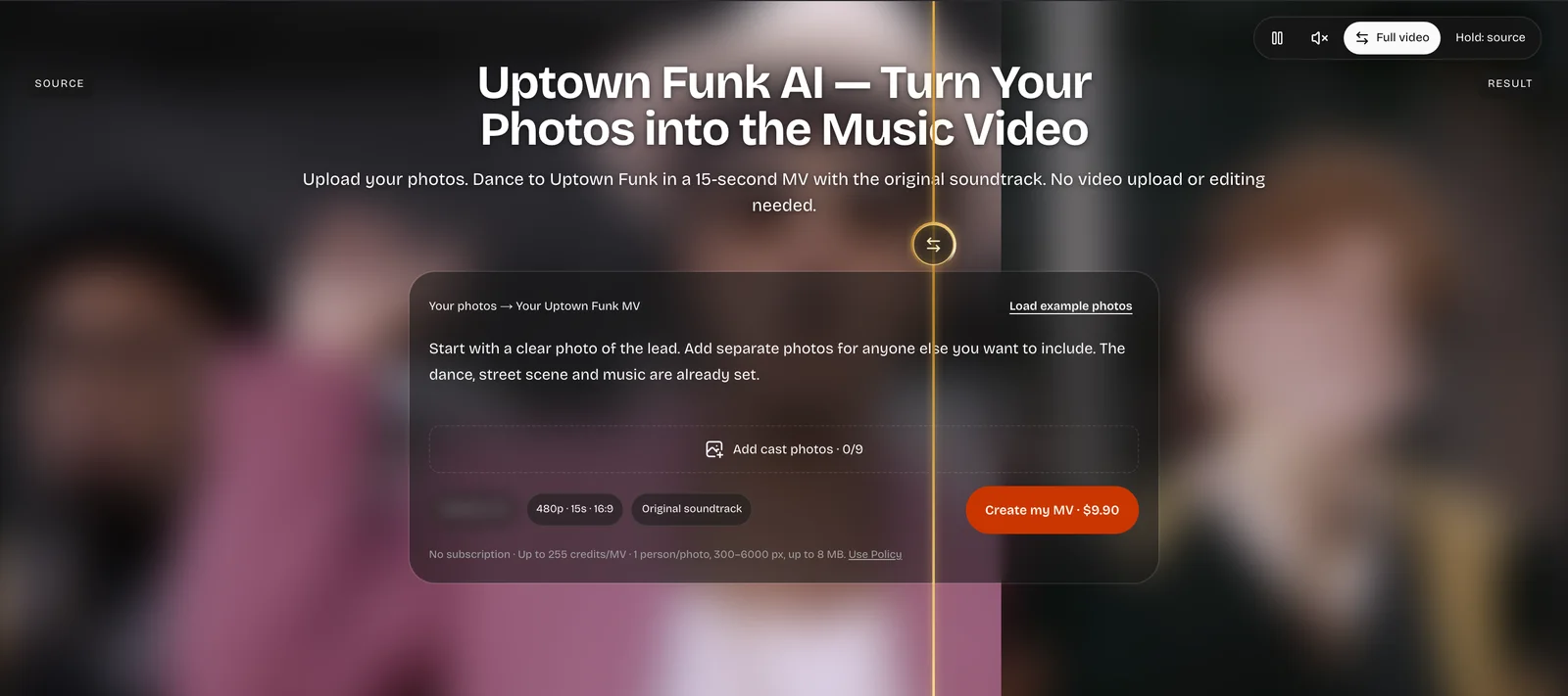 uptownfunkai.com's Uptown Funk AI generator home with its Add cast photos · 0/9 box and the Create my MV · $9.90 button, sample faces blurred