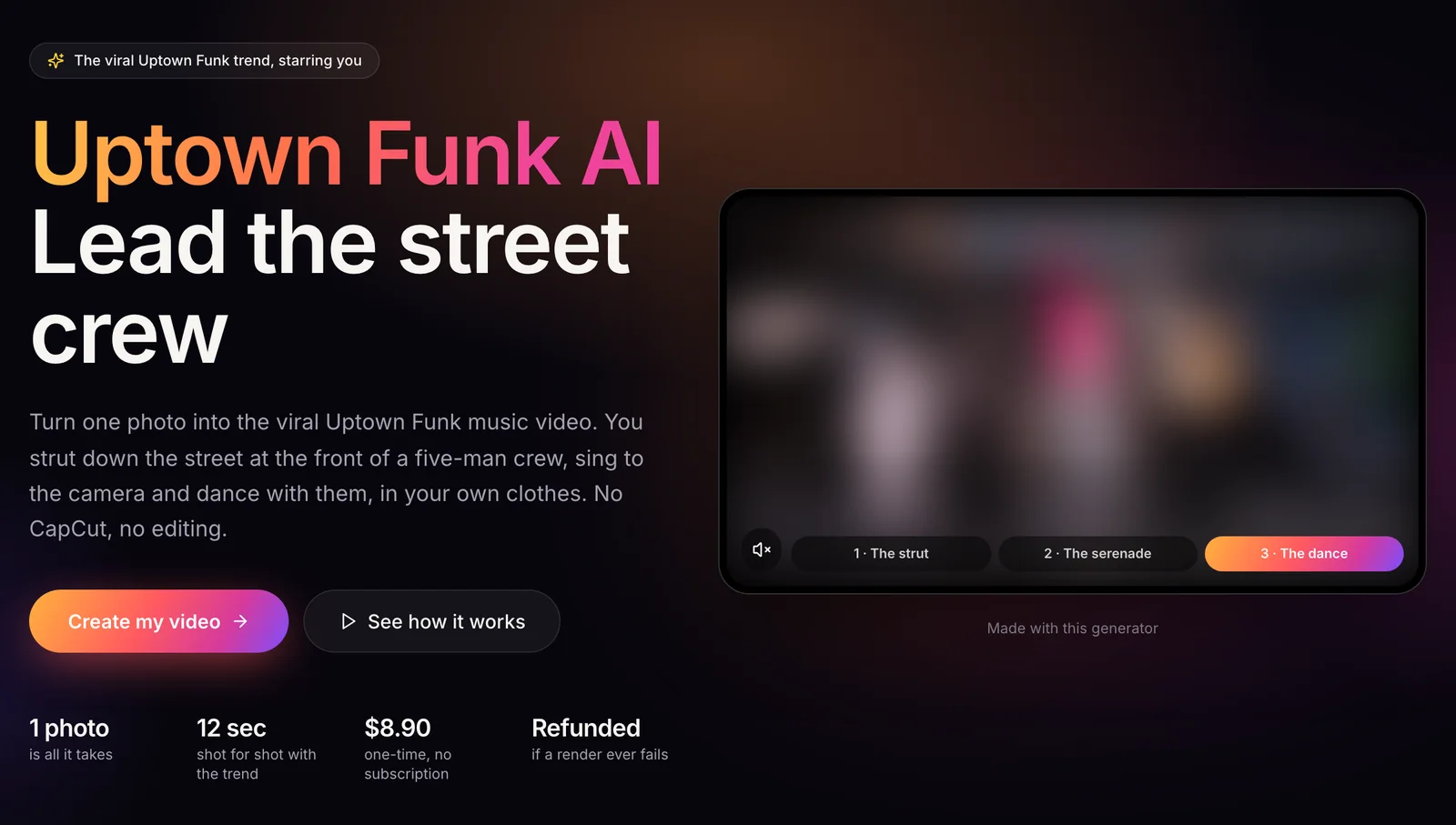 uptownfunkai.org's Uptown Funk AI home with its 1 photo, 12 sec and $8.90 stat strip, sample faces blurred