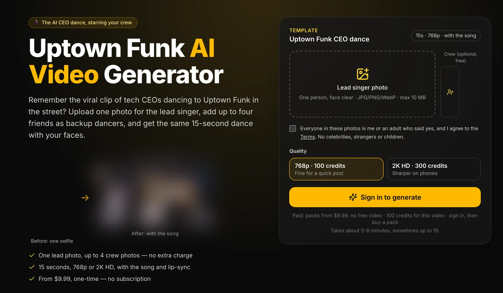 uptownfunkaivideo.com's Uptown Funk AI video generator home with the lead singer photo box, the crew box and the 768p and 2K HD choice, sample faces blurred