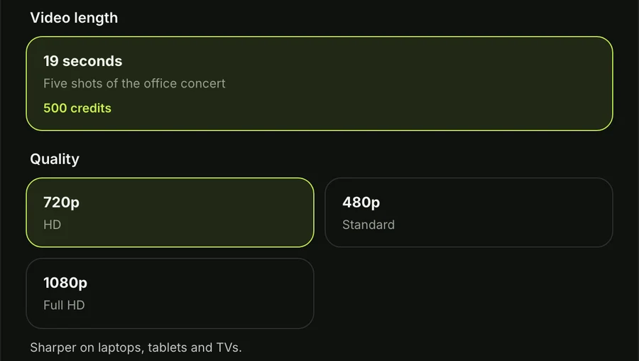 Step 3 in the Charlie Wilson Tiny Desk AI template: 720p picked, with 480p and 1080p beside it and 19 seconds above