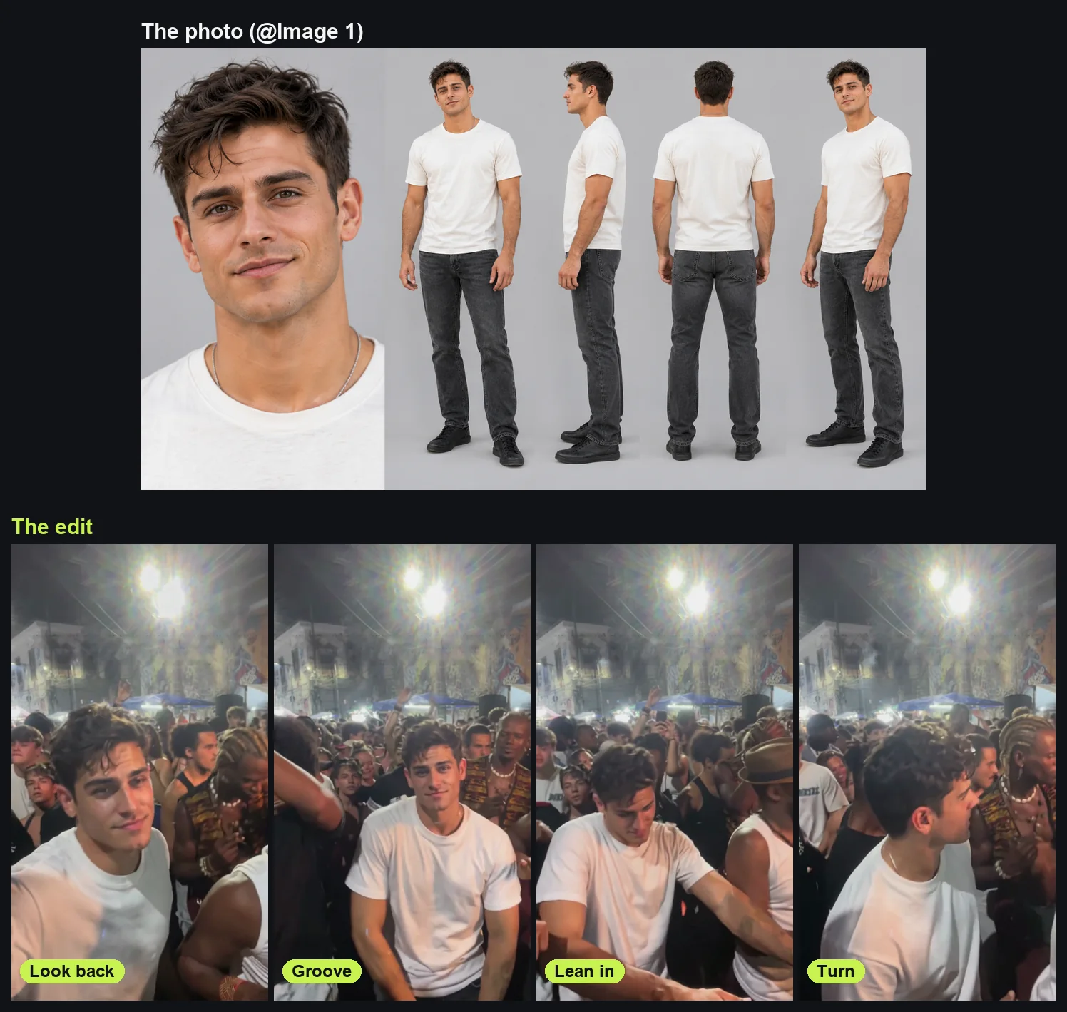 The photo of an AI-made man in a cream T-shirt and washed black jeans on top, and the charme dance AI edit below at four moments, Look back, Groove, Lean in and Turn, with the same man in the night crowd