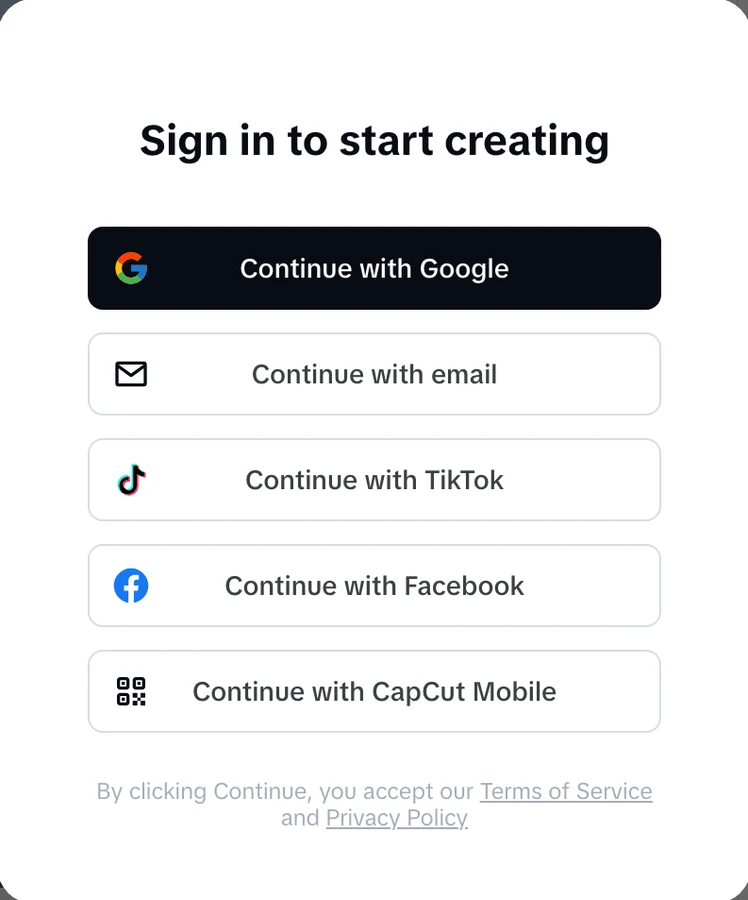 CapCut's Sign in to start creating box that opens after pressing Use this template on the ChatGPT millionaire meme CapCut template