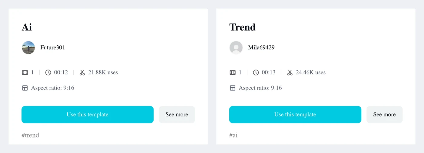 The two ChatGPT millionaire meme CapCut template pages, Ai by Future301 with 21.88K uses and Trend by Mila69429 with 24.46K uses