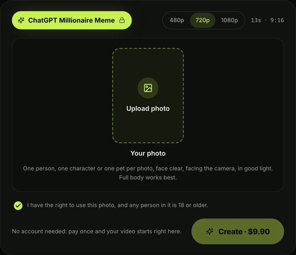Seadanse ChatGPT millionaire meme generator with 720p selected, the upload box and the Create · $9.90 button
