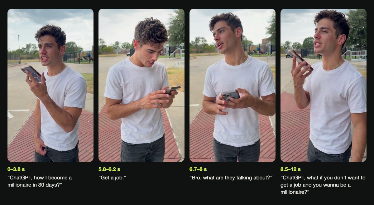 Four beats of a ChatGPT millionaire meme video from the edit prompt, with the time and the line under each: the first question, the Get a job answer, the insulted look and the second question