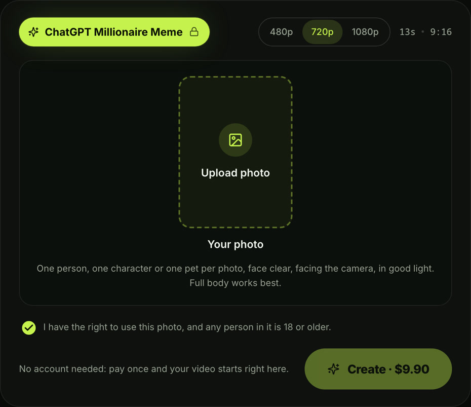 Seadanse ChatGPT Millionaire Meme generator with the Upload photo box, 720p selected, 13s and 9:16, the tick box and the Create · $9.90 button