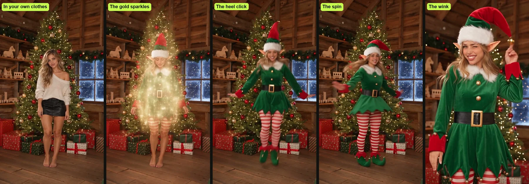 Five moments from one dancing elf video with your face: in her own clothes by the tree, the gold sparkles, the heel-click jump, the spin, and the wink