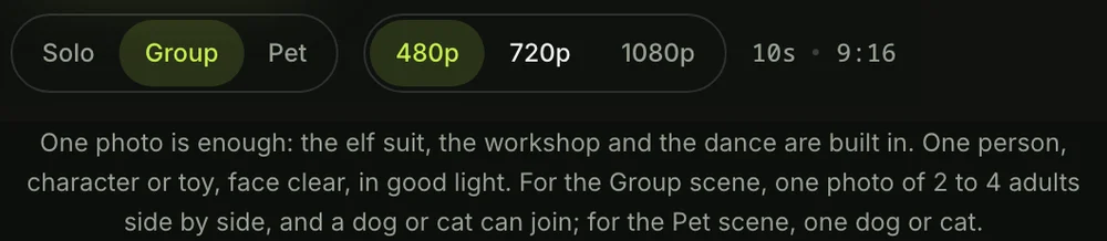 The Group scene picked on the Elf Dance AI page, with the photo tip: one photo of 2 to 4 adults side by side, and a dog or cat can join