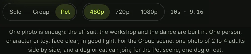 The Pet scene picked on the Elf Dance AI page, with the photo tip for the Pet scene: one dog or cat