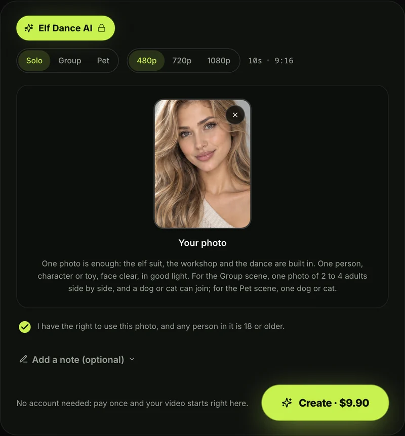 The Elf Dance AI generator on Seadanse: Solo, Group or Pet, 480p, 720p and 1080p, one photo, the consent box ticked and the Create · $9.90 button