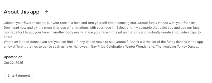 The Dance Yourself Google Play listing, About this app: choose a scene, put your face in a hole and turn yourself into a dancing star