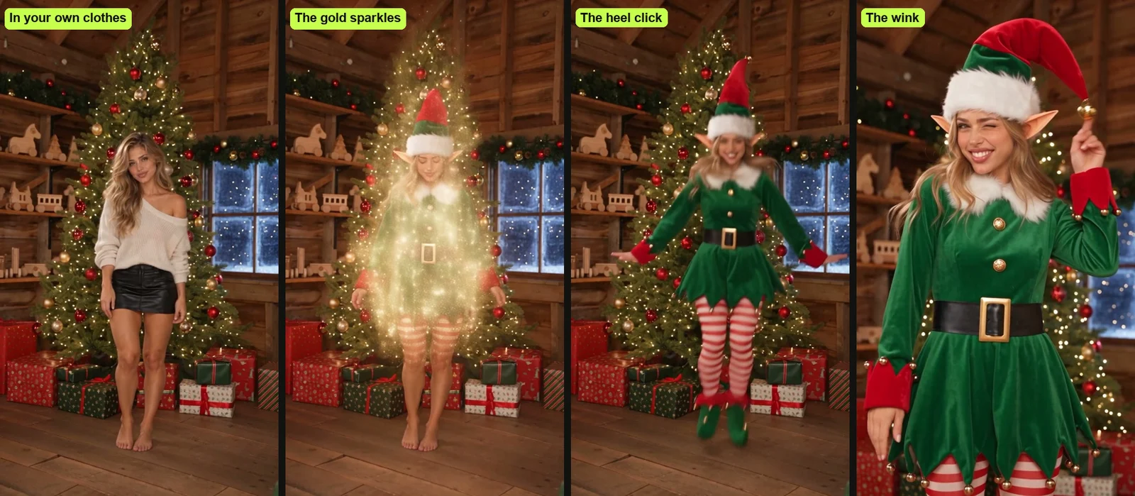 Four frames of an Elf Yourself alternative video from Seadanse: in her own clothes by the tree, the gold sparkles, the heel-click jump, and the wink with a flick of the hat bell