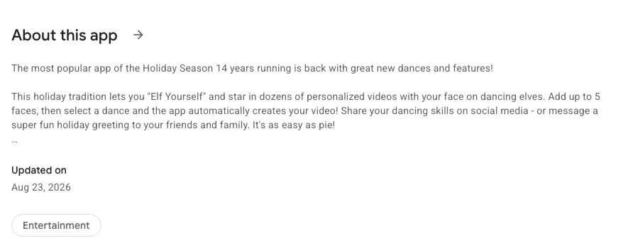 The ElfYourself Google Play listing, About this app: add up to 5 faces, then select a dance and the app automatically creates your video