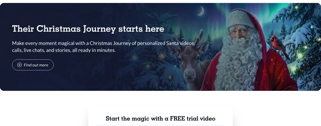 The Portable North Pole home page: personalized Santa videos, calls, live chats and stories, and the free trial video