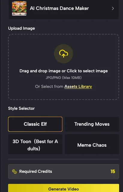 The SuperMaker AI Christmas Dance Maker form: the image upload box, the Classic Elf, Trending Moves, 3D Toon and Meme Chaos styles, and Required Credits 15