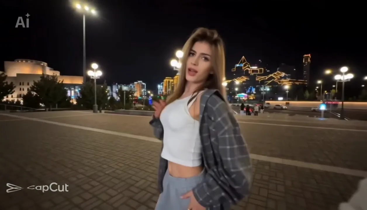 A frame from the template video of BatToS's Gangnam Style CapCut template "Gangnam style Trend": the friend on the left dances alone on a lit city square at night, between the two selfies