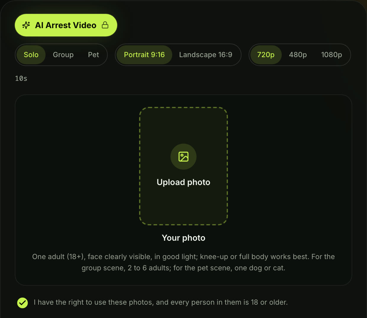 The AI Arrest Video Generator on Seadanse before upload: Solo, Portrait 9:16 and 720p picked, 10s, the Upload photo box with the photo line under it, and the consent box ticked