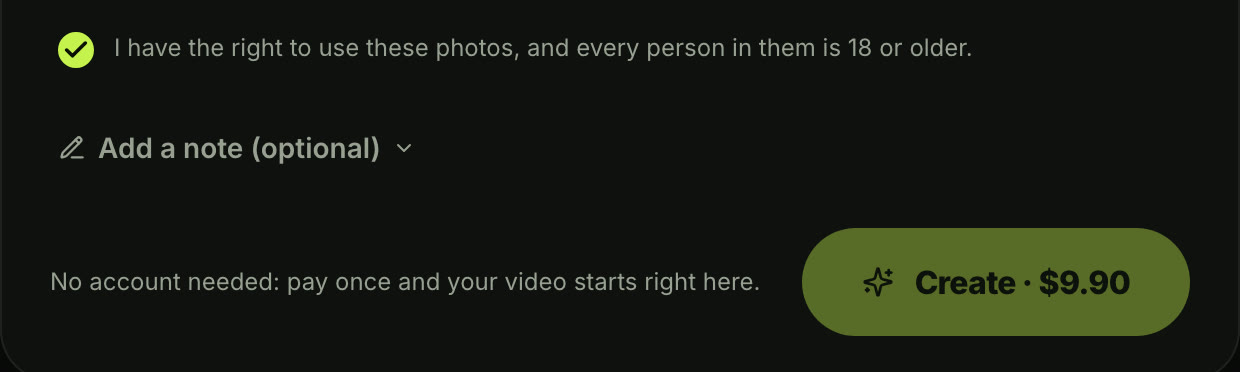 The Create · $9.90 button on the Seadanse AI arrest video page, next to the line No account needed: pay once and your video starts right here