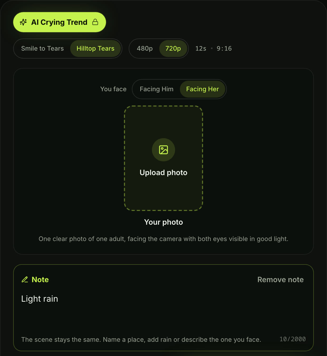 AI crying trend settings on Seadanse: Hilltop Tears, 720p and Facing Her picked, with a note that says Light rain