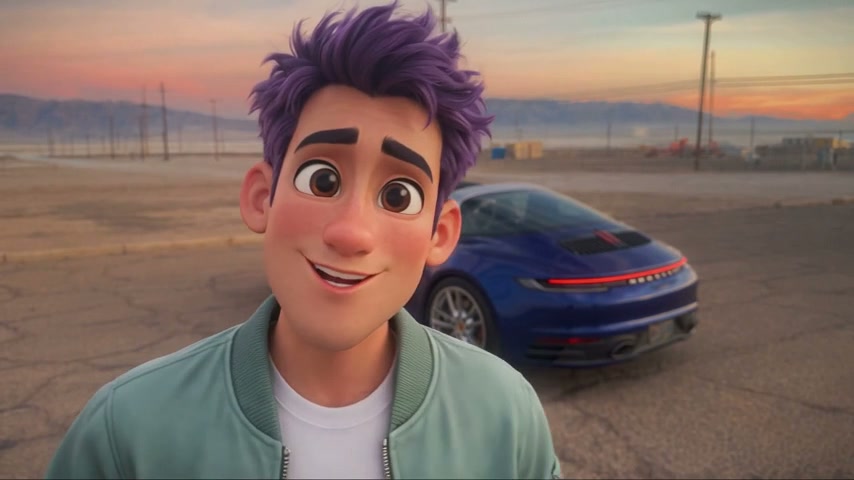 An original cartoon character with purple hair and a green jacket in an Unforgettable car trend video, with the trend's dark-blue sports car parked behind him at sunset