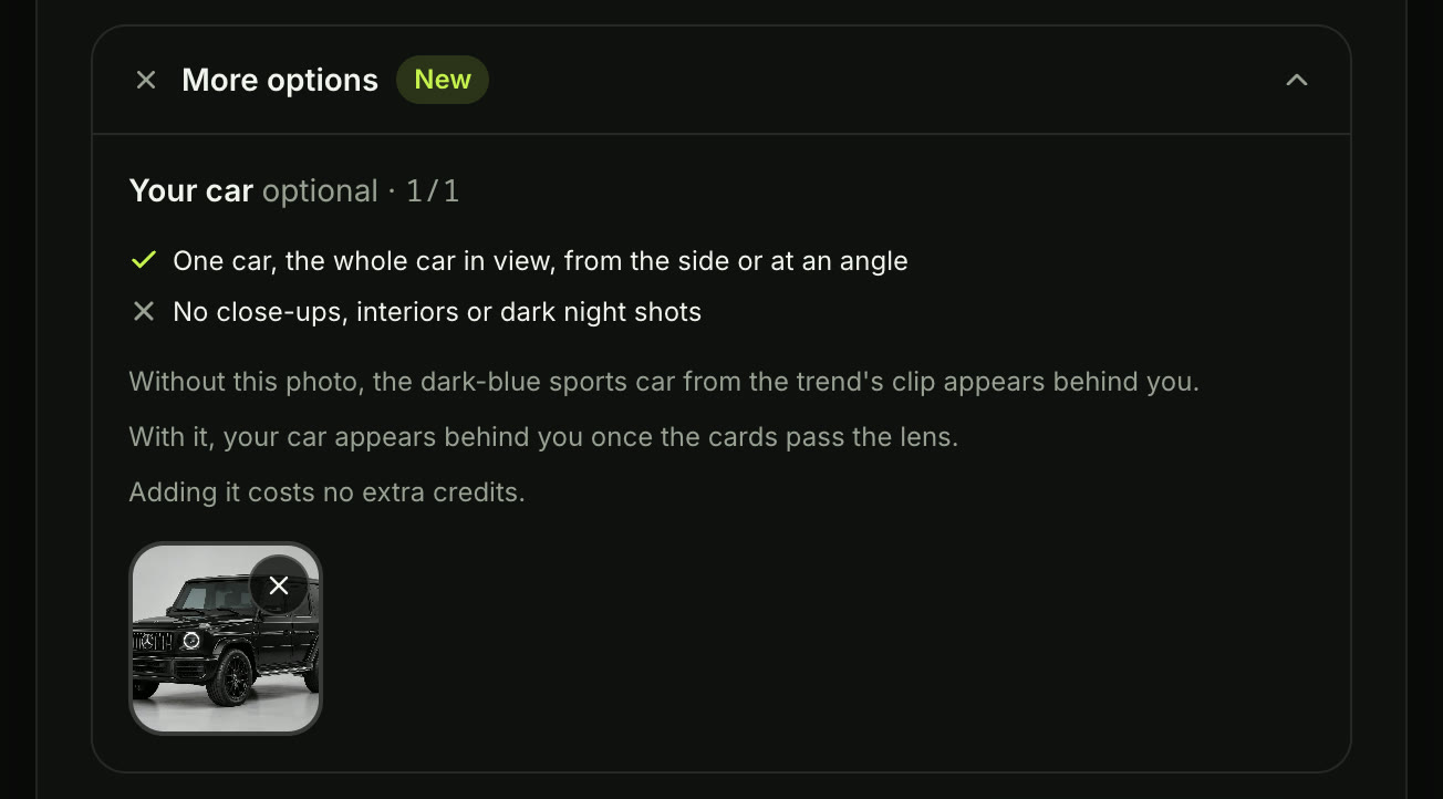 More options open on the Unforgettable car trend generator: the Your car optional slot with its two photo lines, the note Adding it costs no extra credits, and a photo of a black SUV