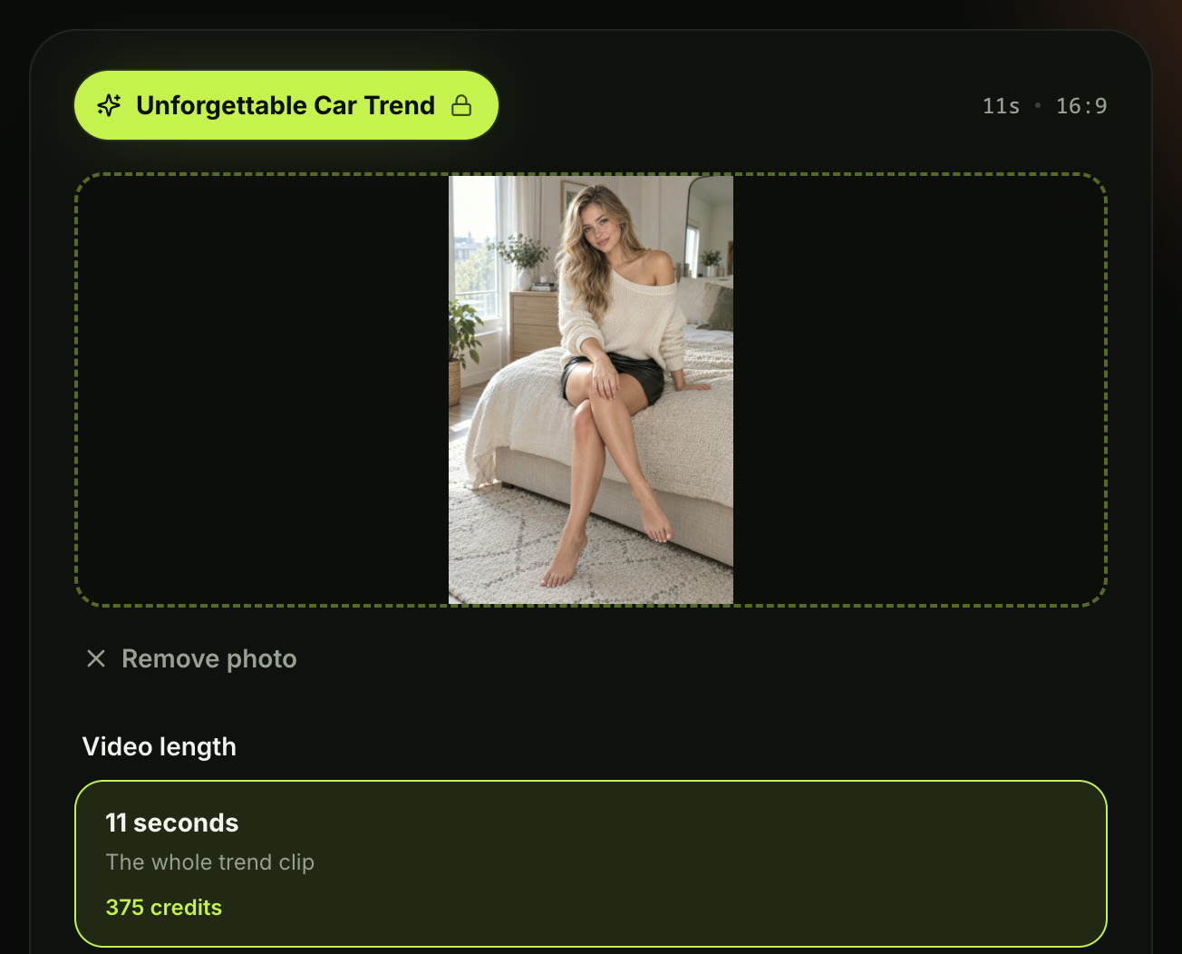Unforgettable car trend generator on Seadanse with one photo of a woman in the Your photo slot, the 11s · 16:9 line, and the 11 seconds card at 375 credits