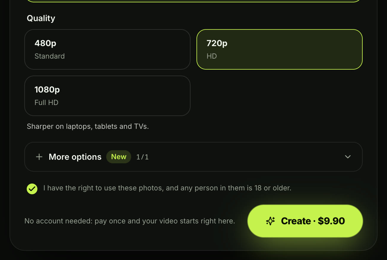 Unforgettable car trend generator with 720p HD picked, More options showing 1/1, the consent box ticked, and the Create · $9.90 button beside the No account needed line