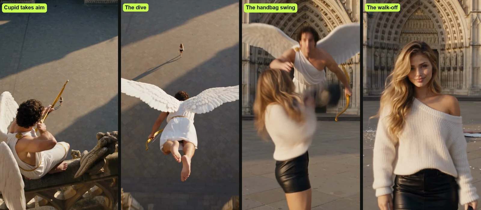 Four moments from one AI Cupid video: Cupid takes aim from the cathedral ledge, the dive, the handbag swing, and the walk-off