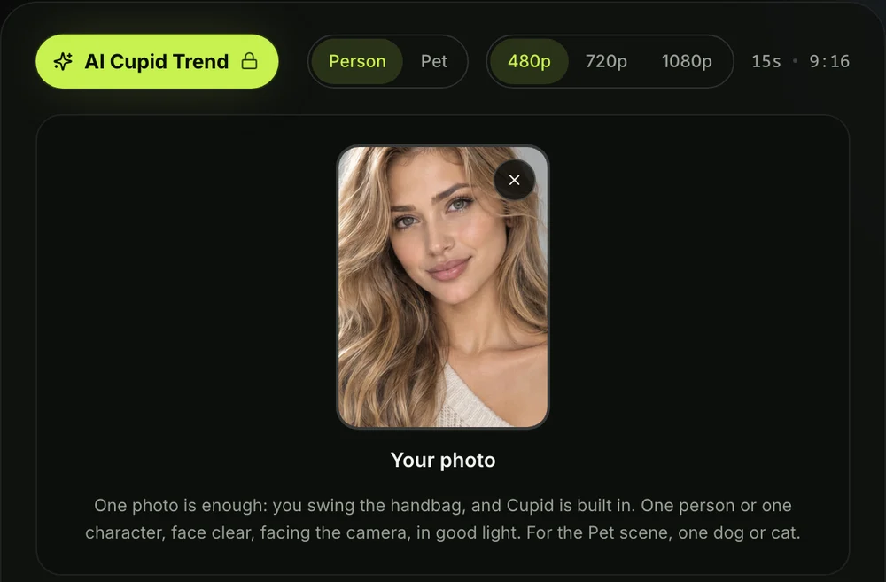Step 1 on the AI Cupid Trend generator: one photo added to the photo box