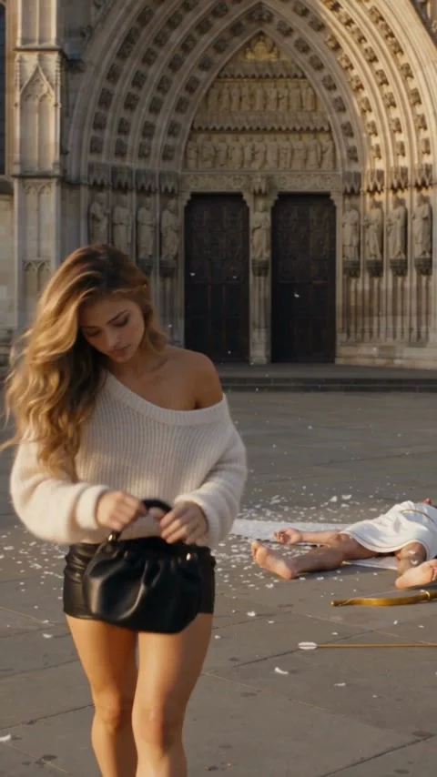 Who is who in an AI Cupid video: the woman from the photo holding the black handbag, and Cupid lying flat on the stones in white feathers