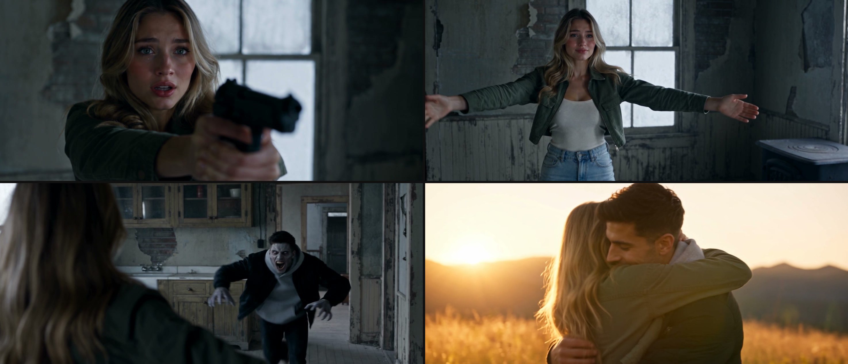 Four moments from one AI zombie video: she aims the pistol in tears, she drops it and opens her arms, the zombie rushes at her, and the two of them hug in a sunlit meadow