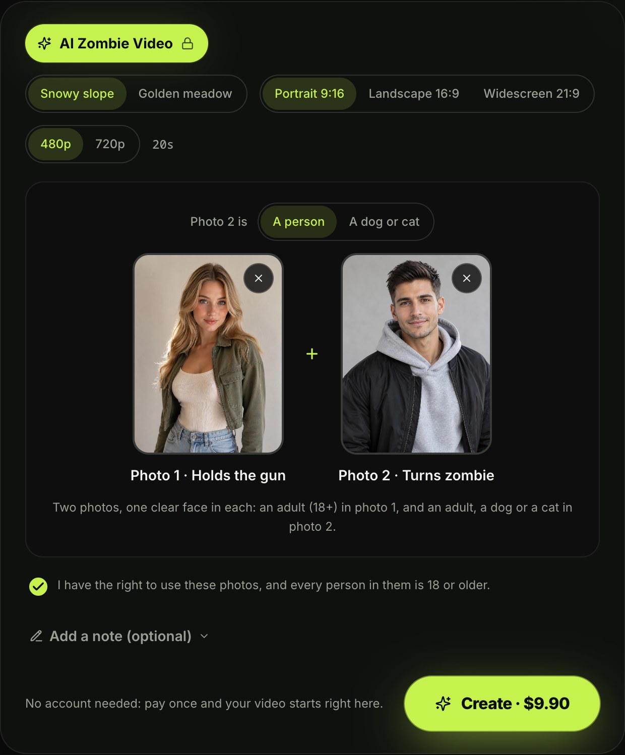 Seadanse AI Zombie Video Generator upload panel with two photos added: photo 1 of a woman labelled Holds the gun, photo 2 of a man labelled Turns zombie, and the switch Photo 2 is A person or A dog or cat