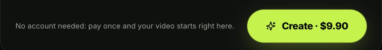 The Create · $9.90 button on the Seadanse AI zombie video page, next to the line No account needed: pay once and your video starts right here