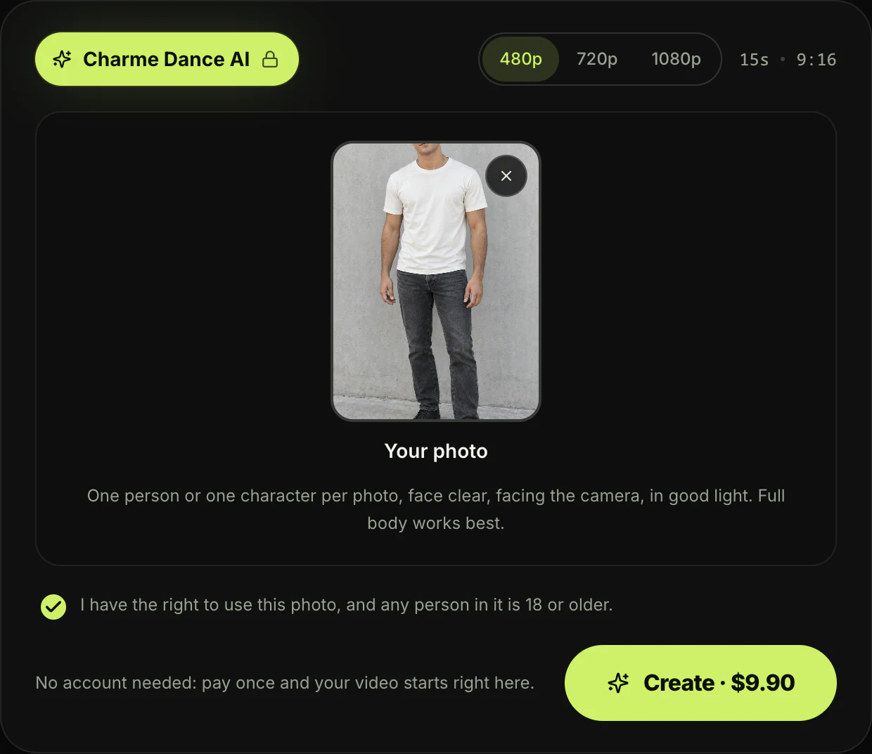 Charme Dance AI generator on Seadanse with a full-body photo added under Your photo, the photo hint, the tick box ticked, 480p picked and the Create · $9.90 button