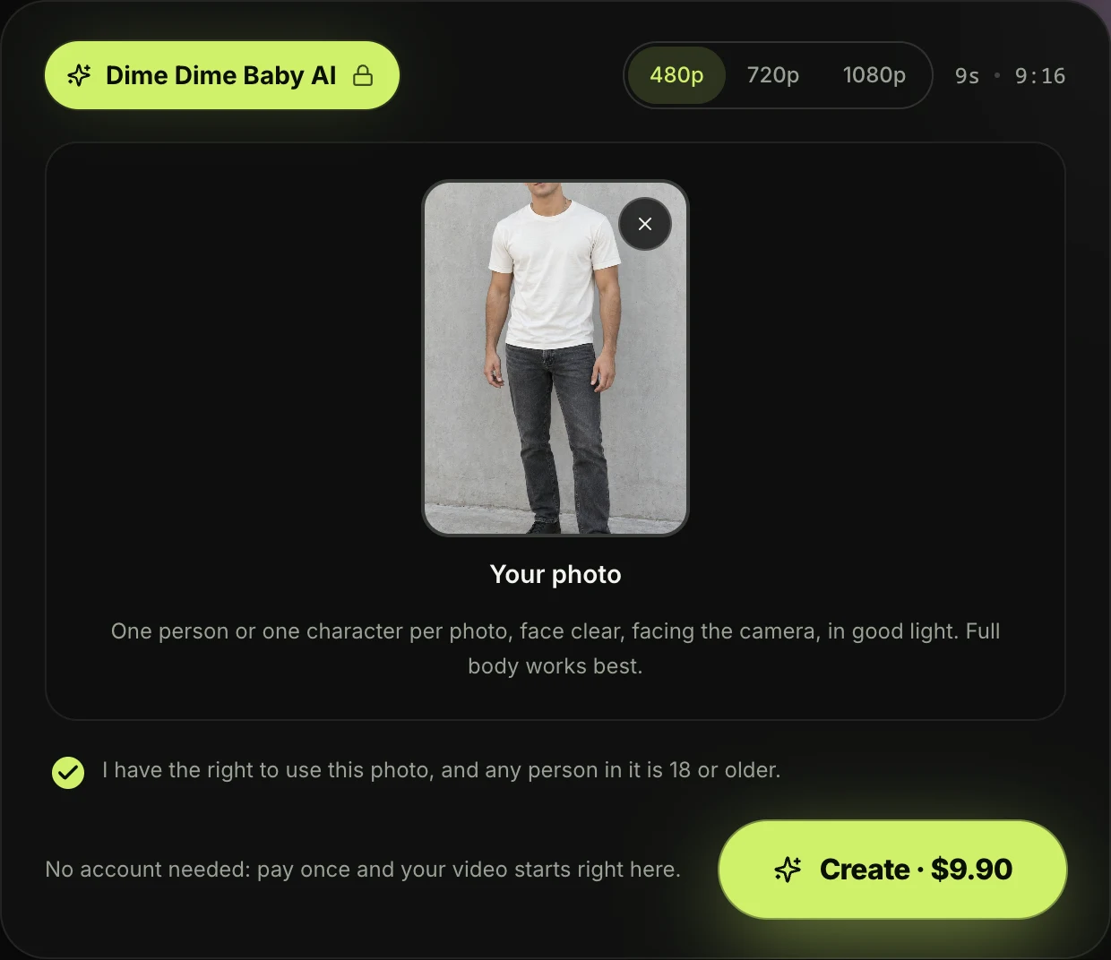 Dime Dime Baby AI generator on Seadanse with a full-body photo added in the photo box, the tick box ticked, 480p picked and the Create · $9.90 button