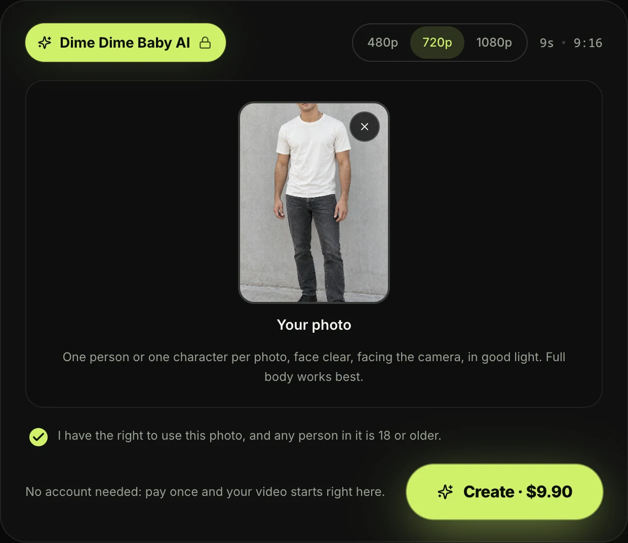 Dime Dime Baby AI generator with 720p picked beside 9s · 9:16 and the price on the Create · $9.90 button